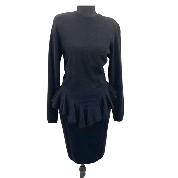 Ambria Dresses & Skirts - Vintage Ambria Black Long Sleeve Peplum Sweater Dress 10M Lambswool Angora Blend